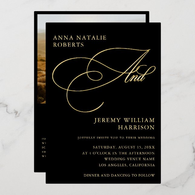 Black and Gold Photo Script And QR Code Wedding (Front/Back)