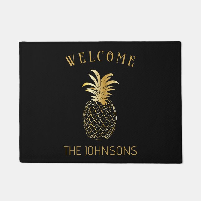black and Gold Pineapple Personalised Doormat (Front)