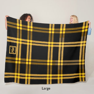 Black and gold plaid tartan monogram fleece blanket