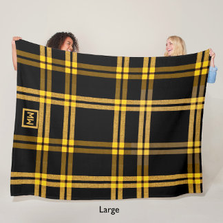 Black and gold plaid tartan monogram fleece blanket