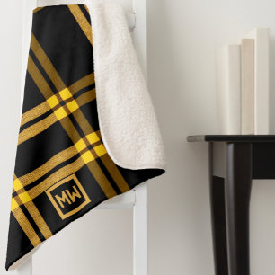 Black and gold plaid tartan monogram sherpa blanket