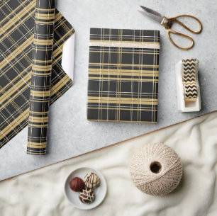 Black and Gold Plaid Tartan Wrapping Paper
