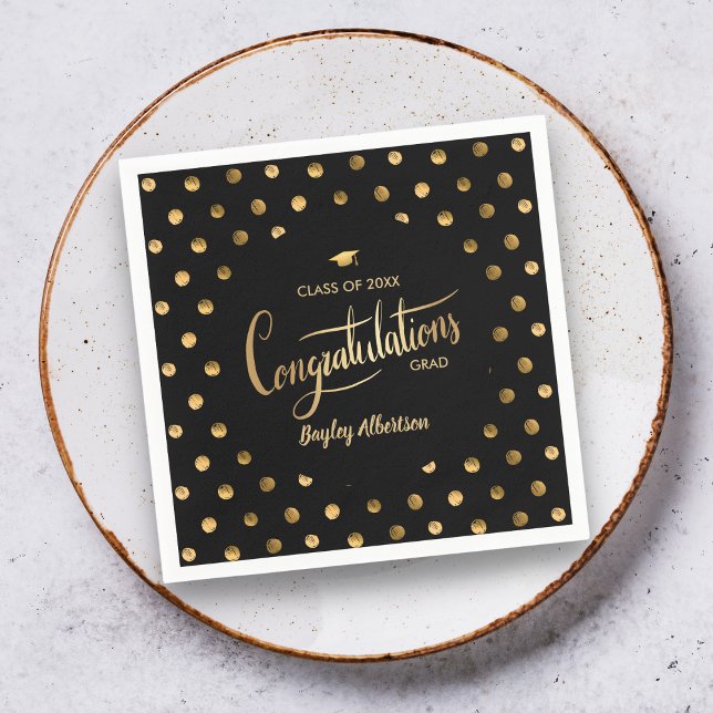 Black and Gold Polka Dot Congrats Grad Graduation Napkin (Creator Uploaded)