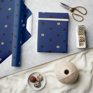 Black and Gold Polka Dots and Navy Blue Satin Wrapping Paper