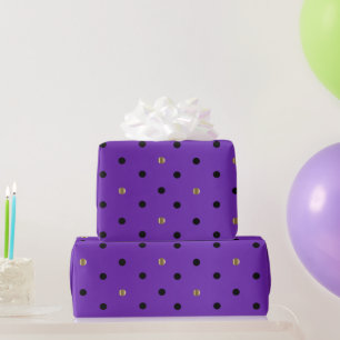 Black and Gold Polka Dots and Purple Satin Wrapping Paper