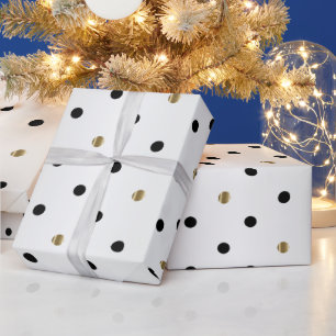 Black and Gold Polka Dots on White Satin Wrapping Paper