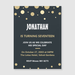 Black and gold polka dots pattern birthday magnetic invitation