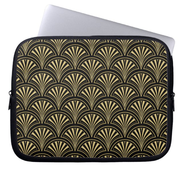 Black and Gold Posh Deco Fan Pattern Laptop Sleeve (Front)