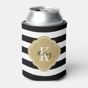 Black and Gold Preppy Stripes Monogram Can Cooler
