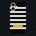 Black and Gold Preppy Stripes Monogram iPhone 16 Case<br><div class="desc">Cute girly modern preppy stripe pattern,  personalised with a simple classic name monogram in a contrasting coloured frame. Click It to change text font and colour to create your own unique one of a kind design!</div>