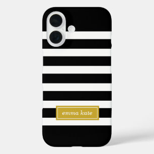 Black and Gold Preppy Stripes Monogram iPhone 16 Case