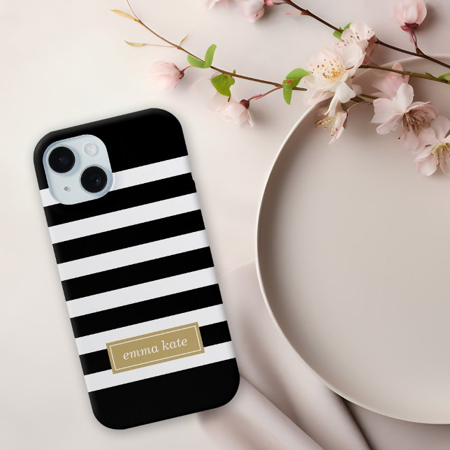 Black and Gold Preppy Stripes Monogram Case-Mate iPhone Case (Creator Uploaded)