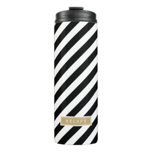 Black and Gold Preppy Stripes Monogram Thermal Tumbler