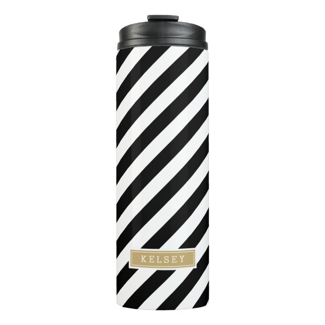 Black and Gold Preppy Stripes Monogram Thermal Tumbler (Front)