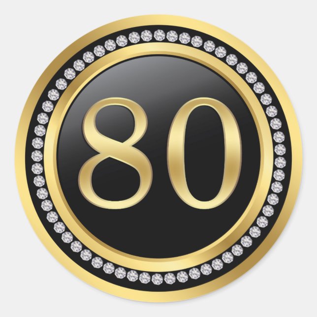 Black and gold, printed diamonds 80th Birthday Classic Round Sticker (Front)