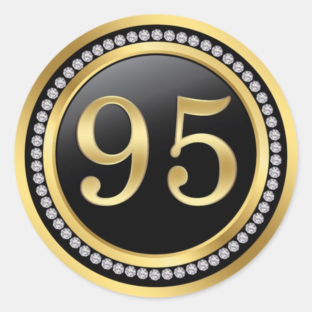 Black and gold, printed diamonds 95th Birthday Classic Round Sticker (Front)