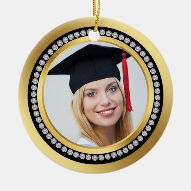 Black and gold, printed diamonds Graduation Ceramic Ornament (Front)