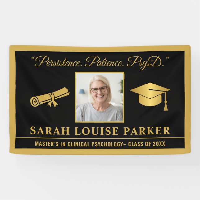Black And Gold PsyD Quote Photo Graduation 2025 Banner (Horizontal)