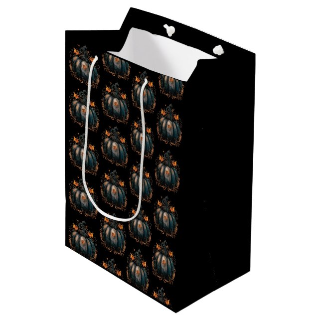 Black and Gold Pumpkin Leaves Pattern Halloween Medium Gift Bag (Front Angled)