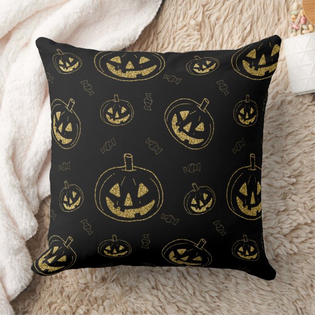 Black and Gold Pumpkin Throw Pillow (Blanket)