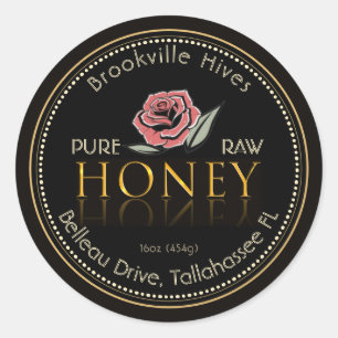 Black and Gold Pure Raw Honey Label Flower Rose