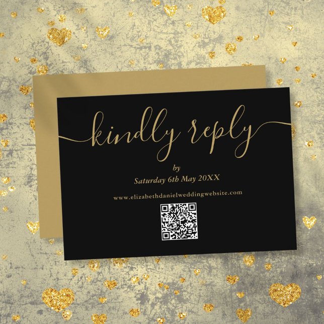 Black And Gold QR Code Elegant Script Kindly Reply RSVP Card (Black And Gold QR Code Elegant Script Kindly Reply RSVP Card)