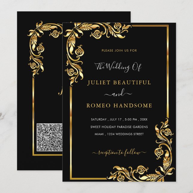 Black and Gold QR Code Wedding Invitation Template (Front/Back)