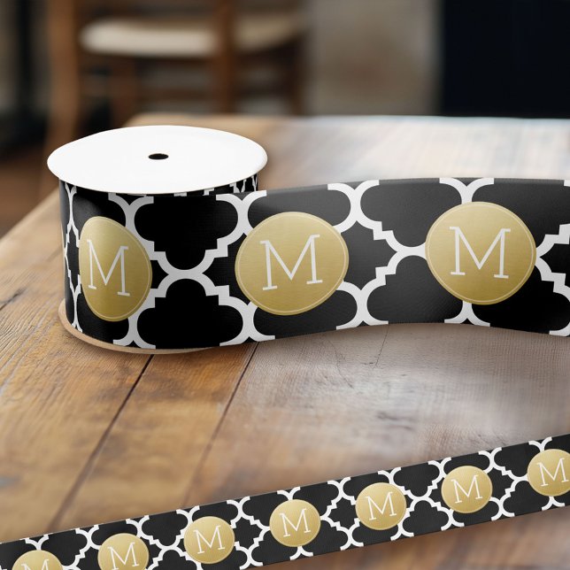Black and Gold Quatrefoil Pattern Custom Monogram Satin Ribbon (Custom Ribbon)
