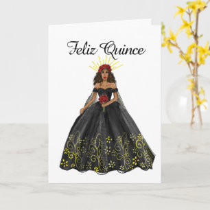 Black and Gold Quinceanera Dress Birthday Card