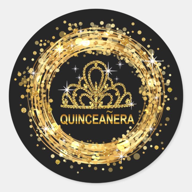 Black and Gold Quinceanera Glitter Tiara Classic Round Sticker (Front)