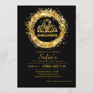 Black and Gold Quinceanera Glitter Tiara Invitation