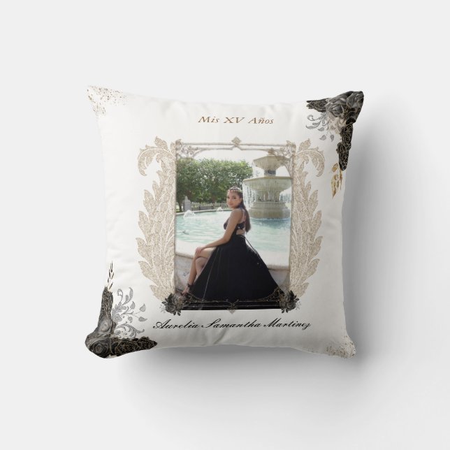 Black and Gold Quinceañera Pillow for Quince Años (Front)