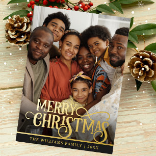 Black and Gold Real Foil One Photo Merry Christmas Foil Holiday Card