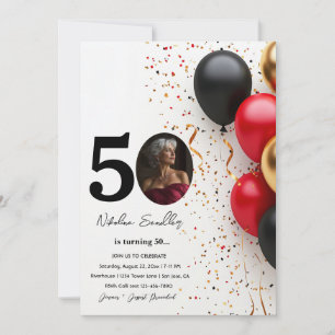 Black and Gold Red balloons 50 birthday party Invitation