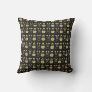 Black and Gold Reindeer and Snowman   Throw Pillow