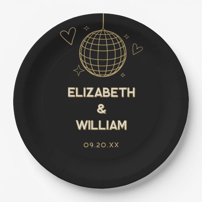 Black And Gold Retro Disco Groovy 70s Wedding Paper Plate (Front)