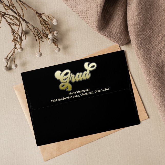 Black and Gold Retro Graduation Custom  Envelope (Graduation gold gradient typography envelope with return address on the back flap. )
