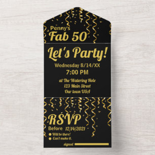 Black and Gold Ribbons Fab 50 Birthday Party  All In One Invitation