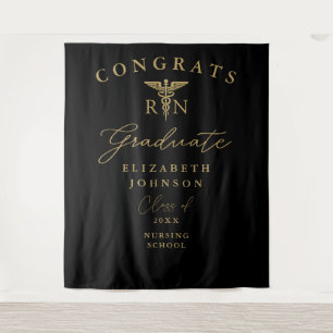 Black And Gold RN Nurse Graduation Photo Backdrop Tapestry