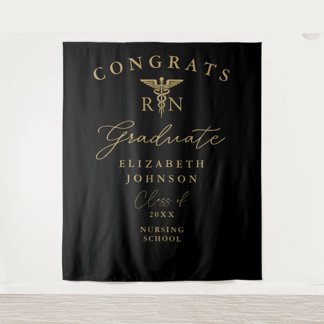 Black And Gold RN Nurse Graduation Photo Backdrop Tapestry (Front)