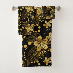 Black and gold ropical leaves & flowers pattern Sh Bath Towel Set