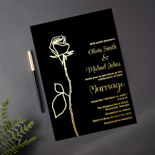 Black and Gold Rose bud Elegant Wedding Invitation