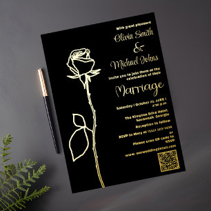 Black and Gold Rose bud QR code Wedding Invitation