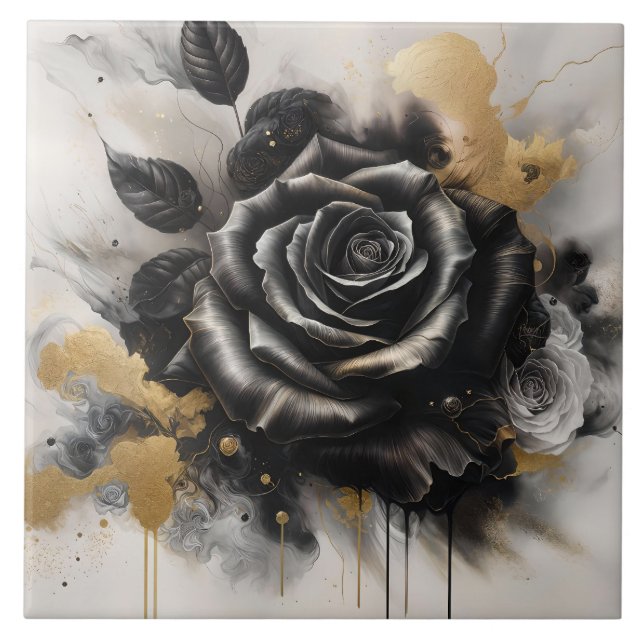 Black and Gold Rose Ceramic Tile (Front)