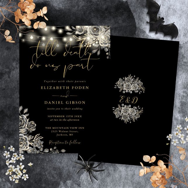 Black And Gold Roses Floral Lights Gothic Wedding Invitation (Black And Gold Roses Floral Lights Gothic Wedding Invitation)