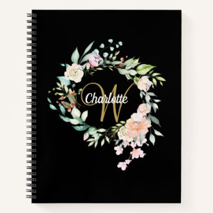 Black And Gold Roses Floral Monogram Girly Script Notebook