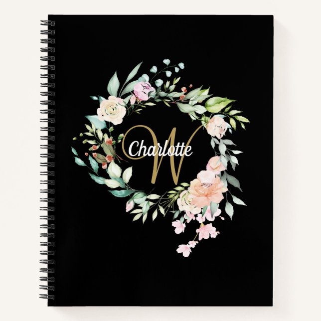 Black And Gold Roses Floral Monogram Girly Script Notebook (Front)