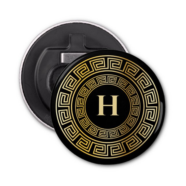 Black and Gold Round Greek Key Custom Monogram Bottle Opener (Front)