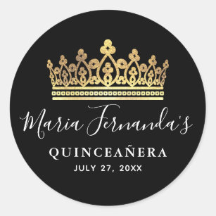 Black and Gold Royal Crown Elegant Quinceanera Classic Round Sticker