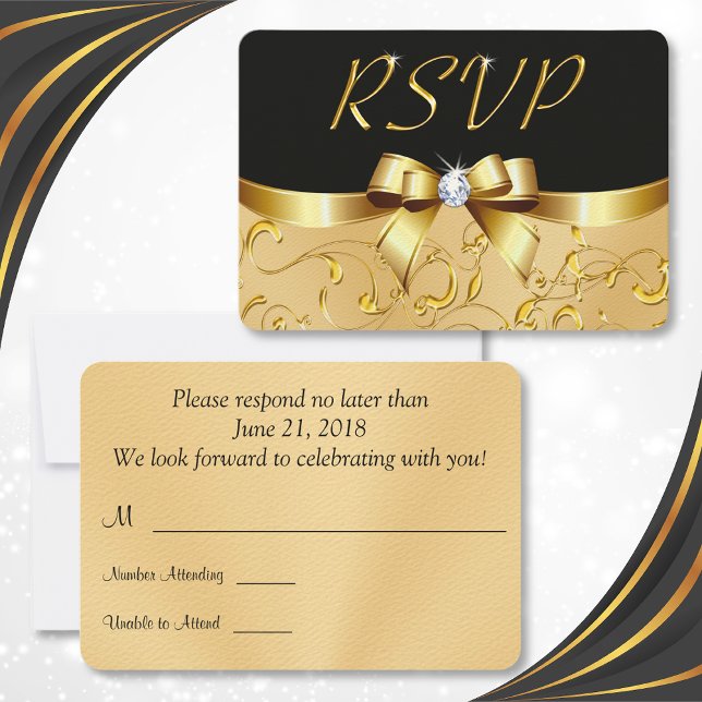 Black and Gold RSVP Cards, Customisable, Your Text (Black and Gold RSVP Cards. Wedding Response Cards. Birthday RSVP Cards. Elegant RSVP Cards. )